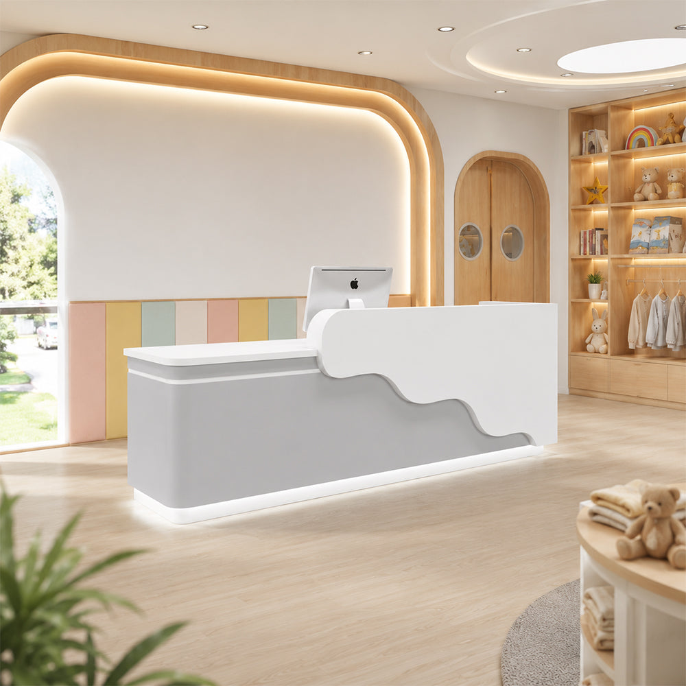 LUXORA 120/180cm Curved Reception Counter with LED Lighting for Kindergarten, Learning Centre & Retail Store - Gloss White & Grey