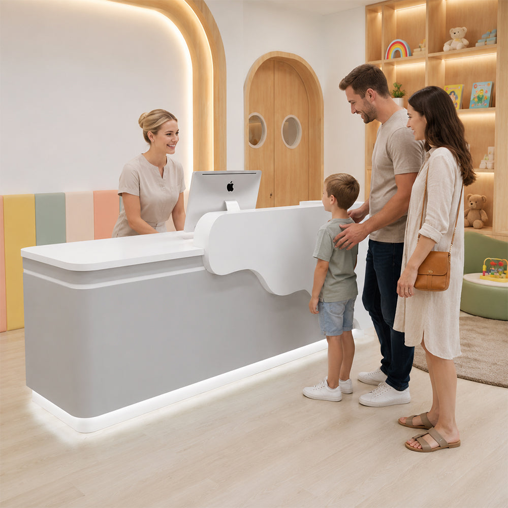 LUXORA 120/180cm Curved Reception Counter with LED Lighting for Kindergarten, Learning Centre & Retail Store - Gloss White & Grey