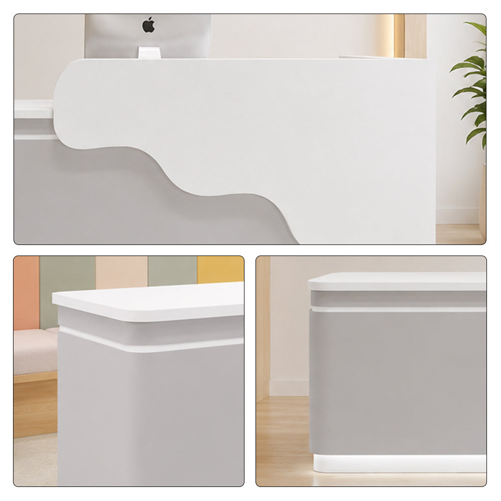 LUXORA 120/180cm Curved Reception Counter with LED Lighting for Kindergarten, Learning Centre & Retail Store - Gloss White & Grey
