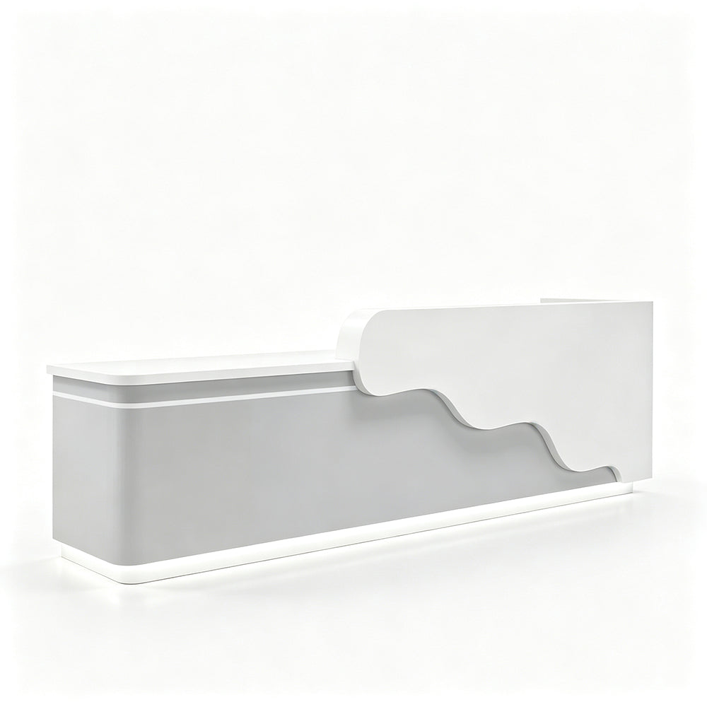 LUXORA 120/180cm Curved Reception Counter with LED Lighting for Kindergarten, Learning Centre & Retail Store - Gloss White & Grey