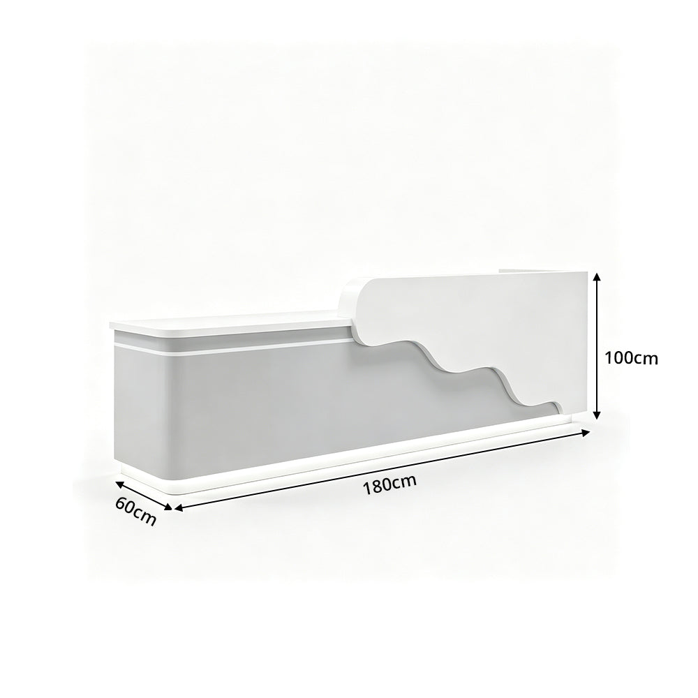LUXORA 120/180cm Curved Reception Counter with LED Lighting for Kindergarten, Learning Centre & Retail Store - Gloss White & Grey