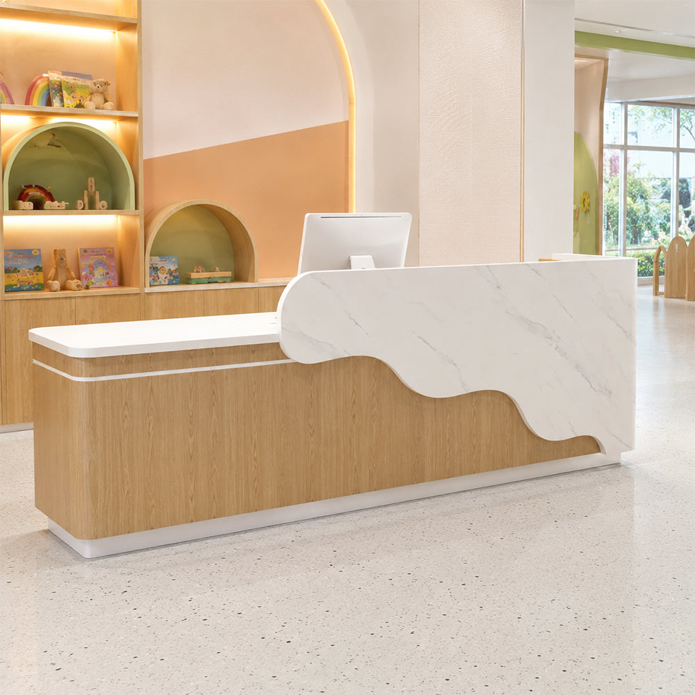 LUXORA 120/180cm Curved Reception Counter with LED Lighting for Kindergarten, Learning Centre & Retail Store - Gloss White & Wood