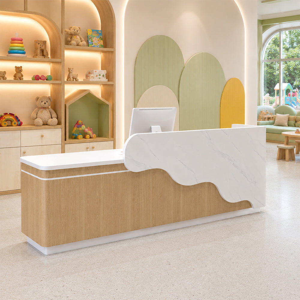 LUXORA 120/180cm Curved Reception Counter with LED Lighting for Kindergarten, Learning Centre & Retail Store - Gloss White & Wood