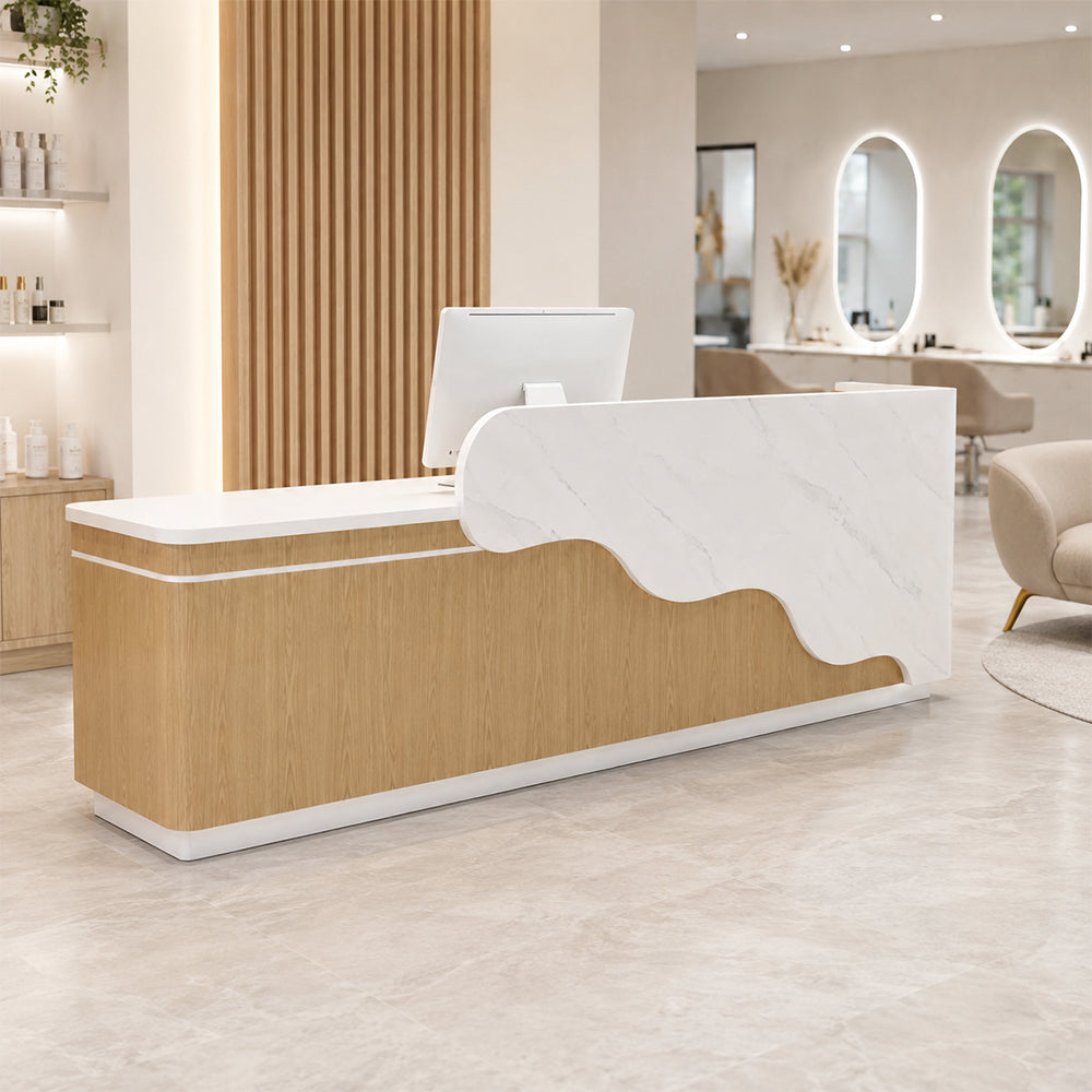 LUXORA 120/180cm Curved Reception Counter with LED Lighting for Kindergarten, Learning Centre & Retail Store - Gloss White & Wood