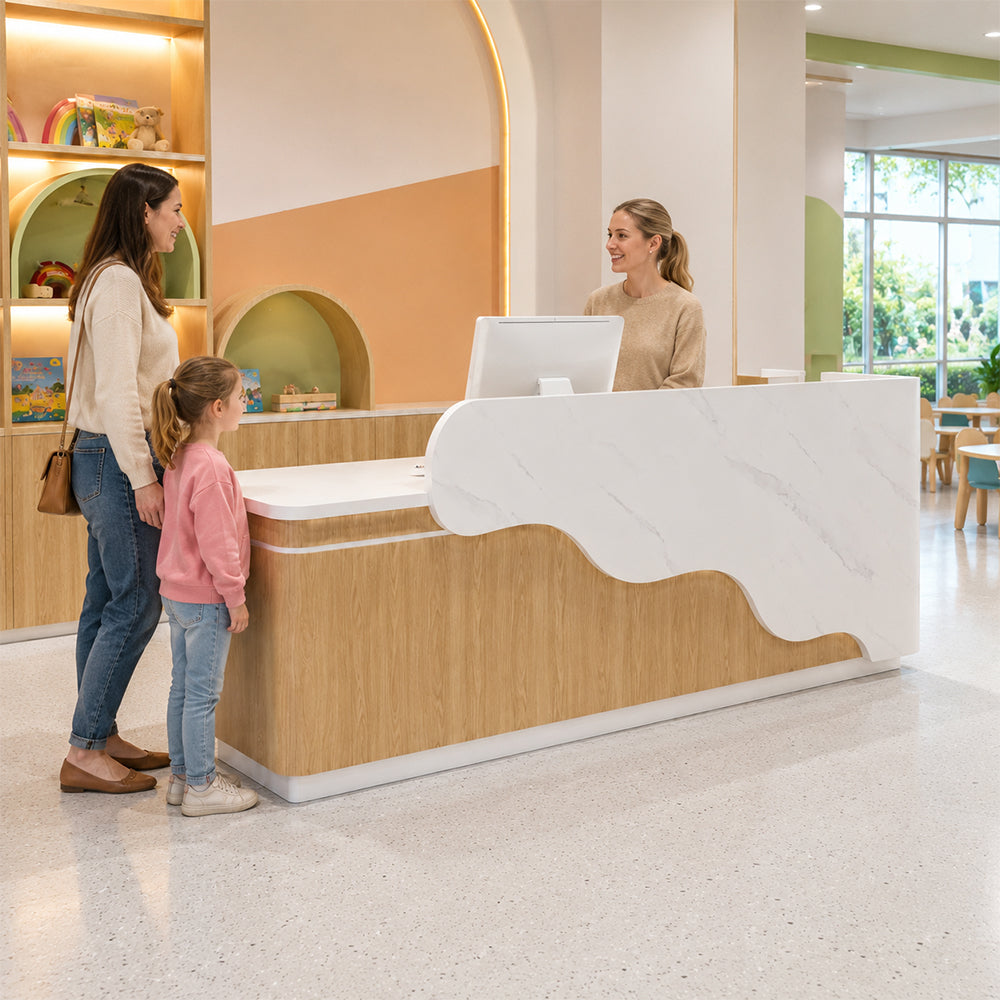LUXORA 120/180cm Curved Reception Counter with LED Lighting for Kindergarten, Learning Centre & Retail Store - Gloss White & Wood