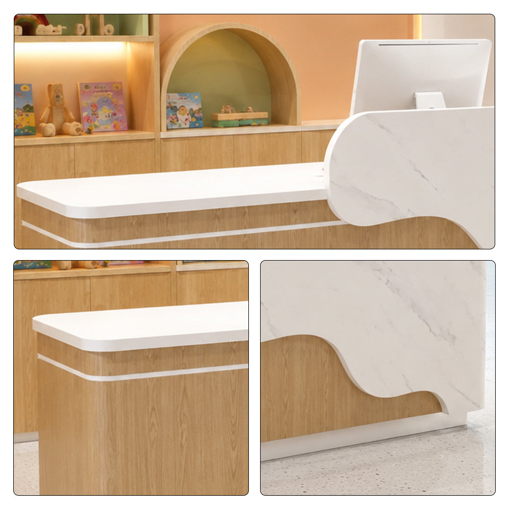 LUXORA 120/180cm Curved Reception Counter with LED Lighting for Kindergarten, Learning Centre & Retail Store - Gloss White & Wood