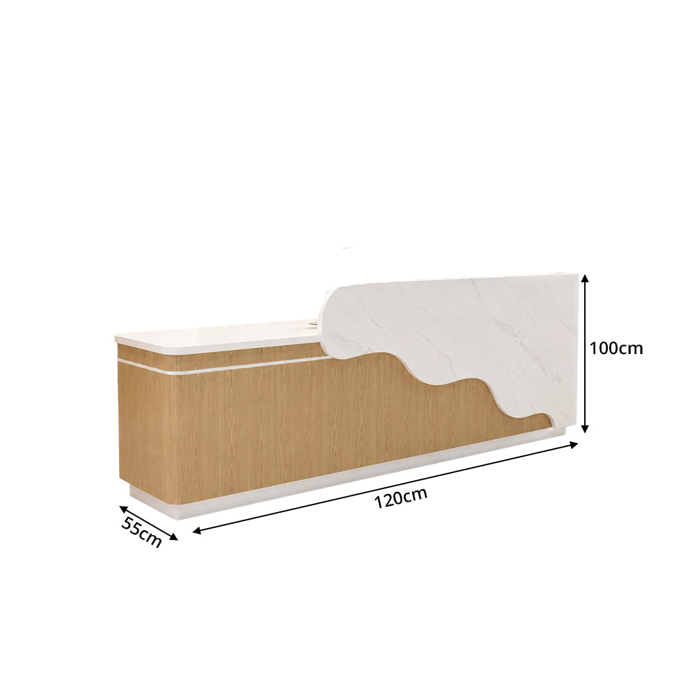 LUXORA 120/180cm Curved Reception Counter with LED Lighting for Kindergarten, Learning Centre & Retail Store - Gloss White & Wood