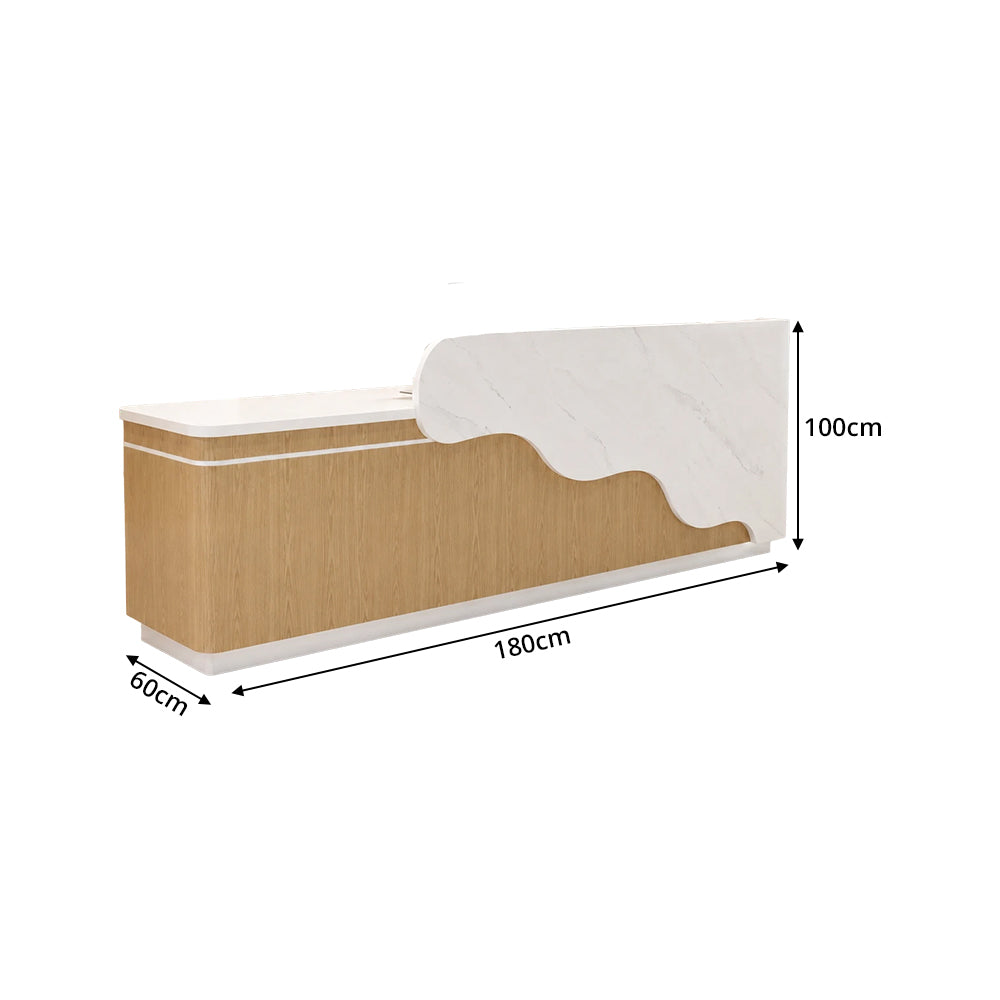 LUXORA 120/180cm Curved Reception Counter with LED Lighting for Kindergarten, Learning Centre & Retail Store - Gloss White & Wood