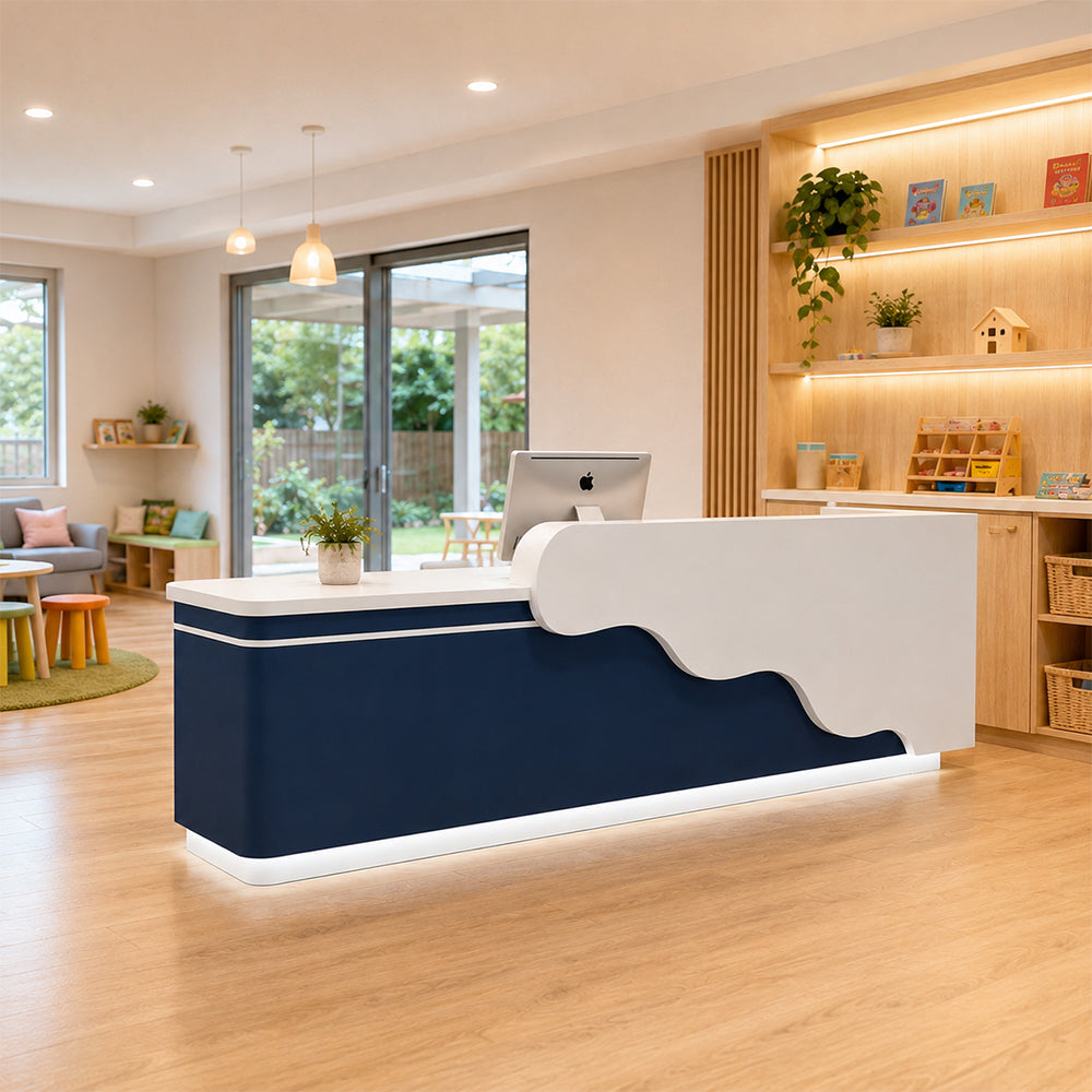LUXORA 120/180cm Curved Reception Counter with LED Lighting for Kindergarten, Learning Centre & Retail Store - Gloss White & Dark Blue