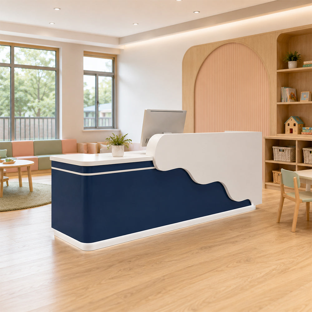 LUXORA 120/180cm Curved Reception Counter with LED Lighting for Kindergarten, Learning Centre & Retail Store - Gloss White & Dark Blue