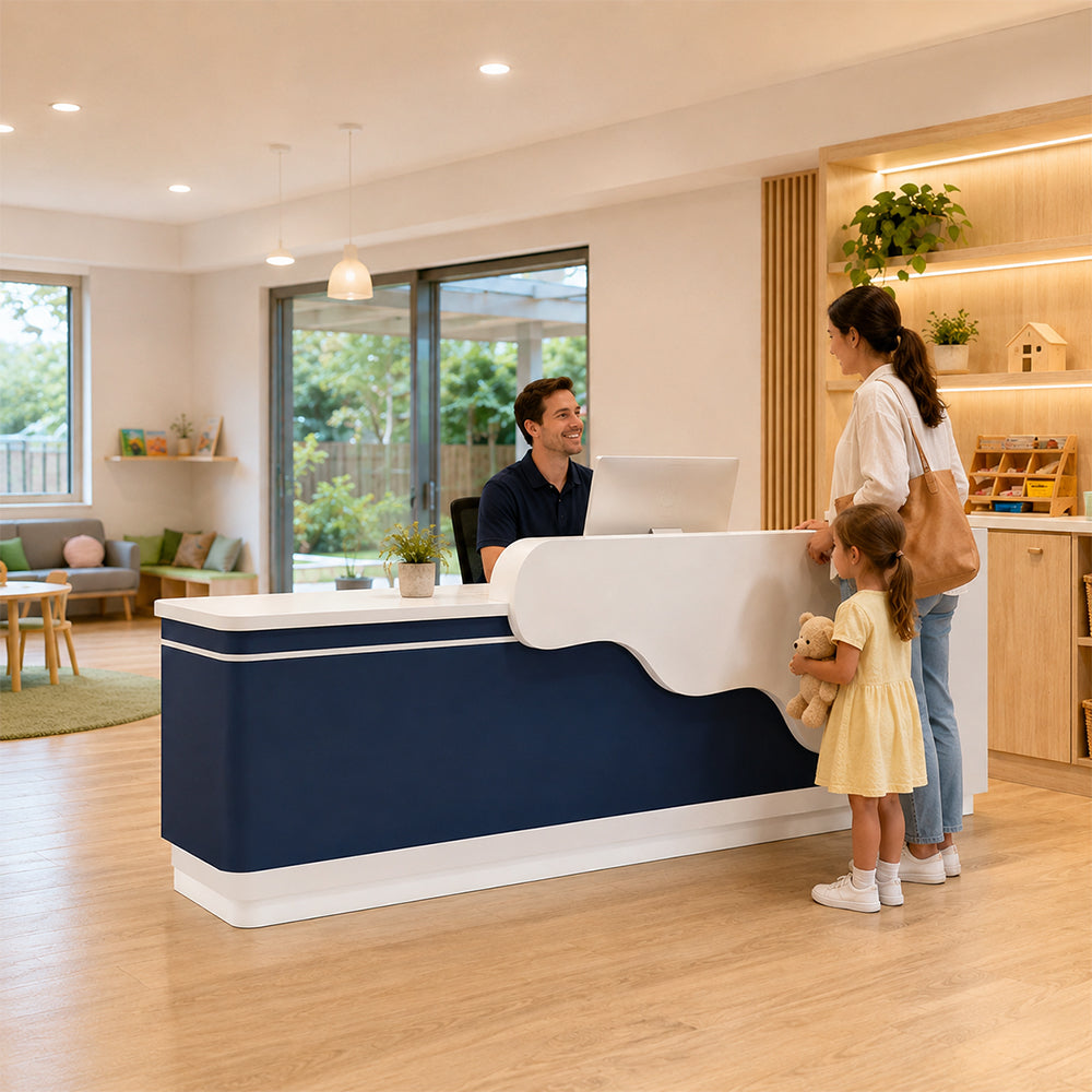 LUXORA 120/180cm Curved Reception Counter with LED Lighting for Kindergarten, Learning Centre & Retail Store - Gloss White & Dark Blue
