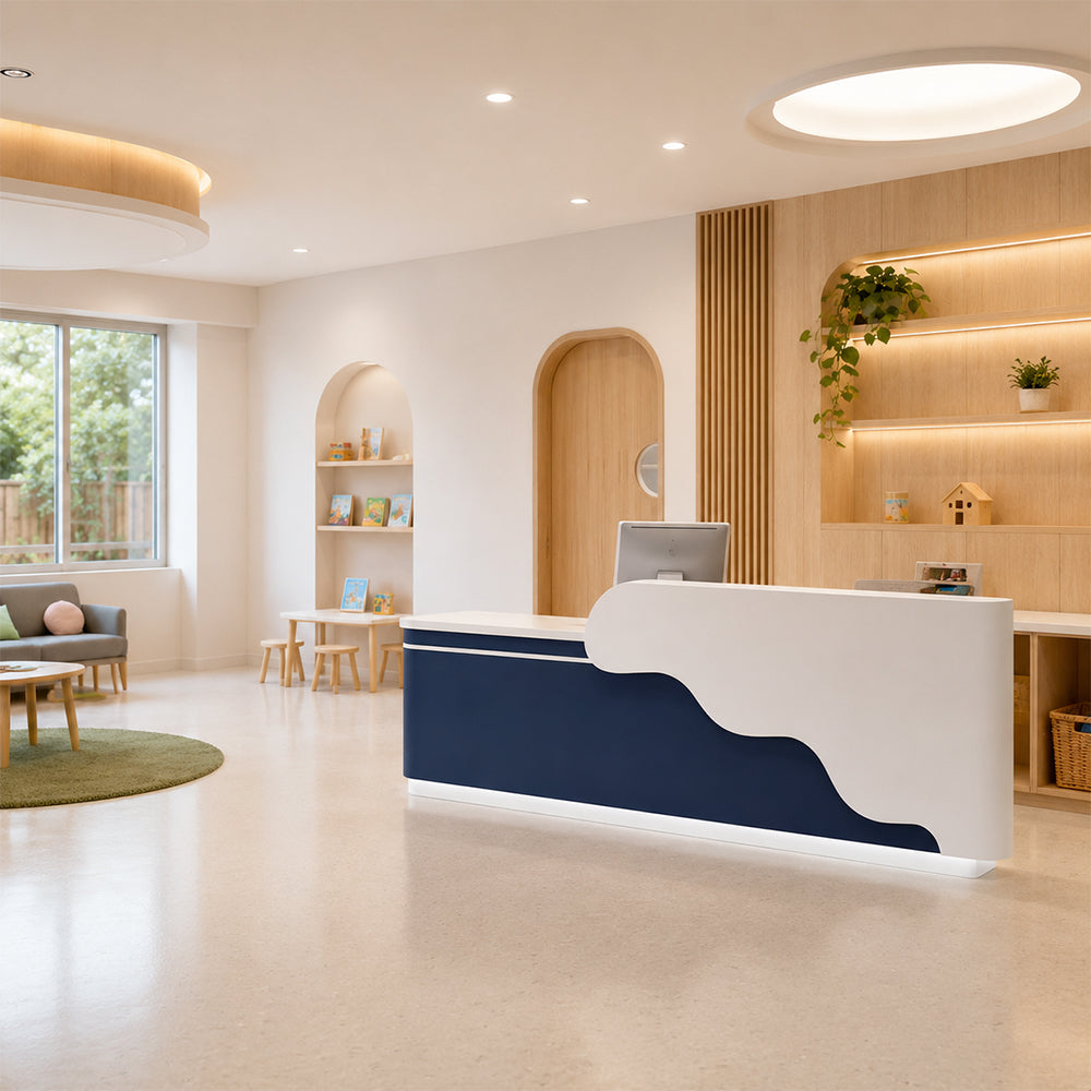 LUXORA 120/180cm Curved Reception Counter with LED Lighting for Kindergarten, Learning Centre & Retail Store - Gloss White & Dark Blue