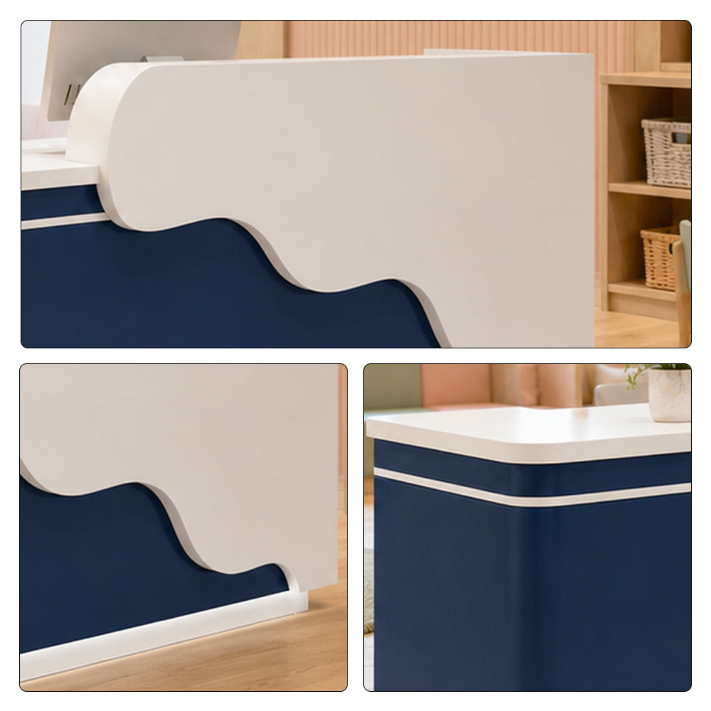 LUXORA 120/180cm Curved Reception Counter with LED Lighting for Kindergarten, Learning Centre & Retail Store - Gloss White & Dark Blue