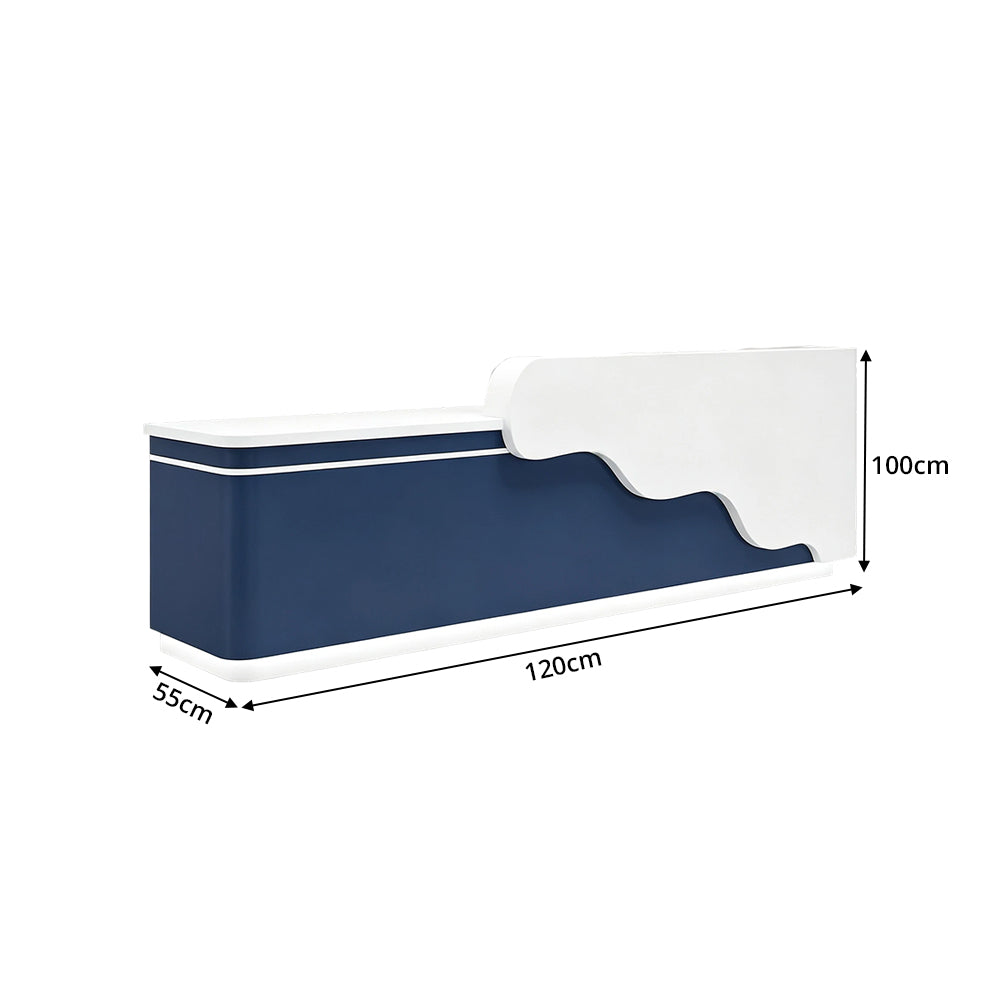 LUXORA 120/180cm Curved Reception Counter with LED Lighting for Kindergarten, Learning Centre & Retail Store - Gloss White & Dark Blue