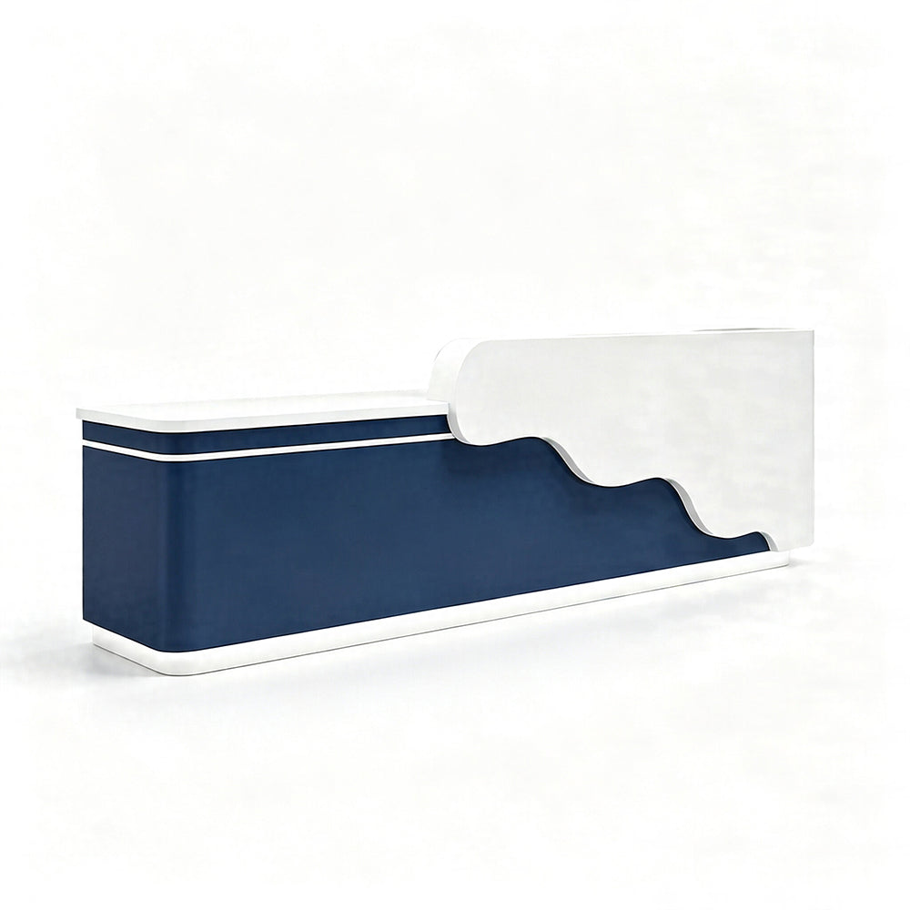 LUXORA 120/180cm Curved Reception Counter with LED Lighting for Kindergarten, Learning Centre & Retail Store - Gloss White & Dark Blue