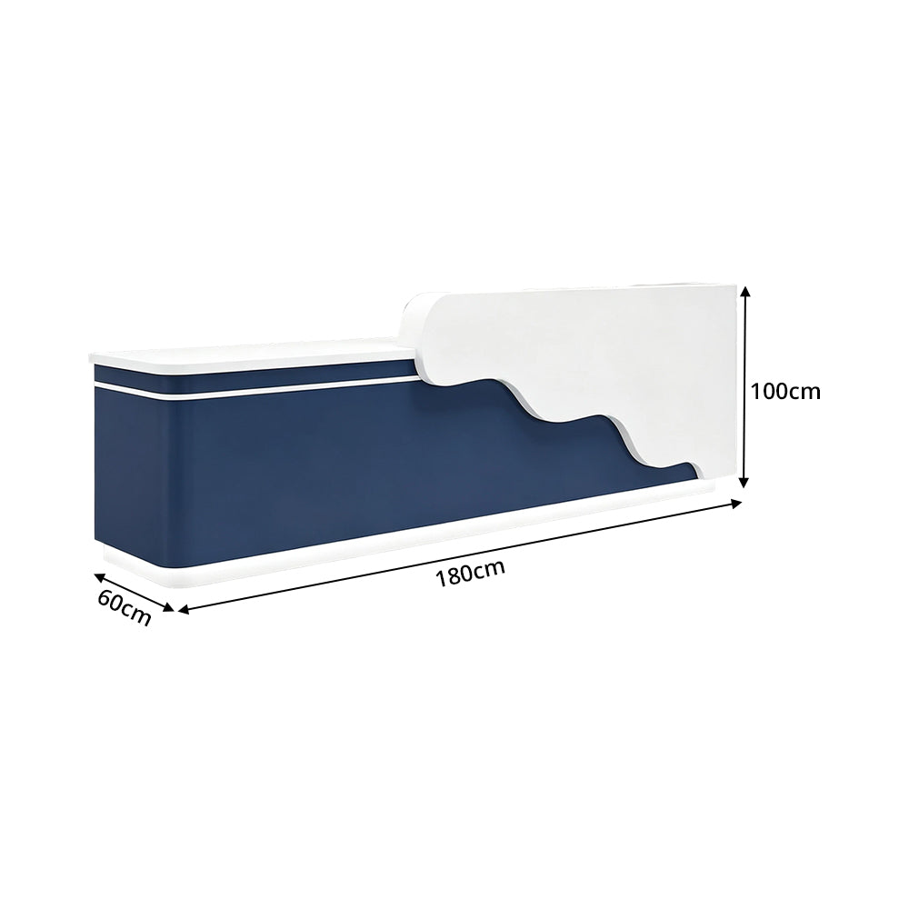 LUXORA 120/180cm Curved Reception Counter with LED Lighting for Kindergarten, Learning Centre & Retail Store - Gloss White & Dark Blue