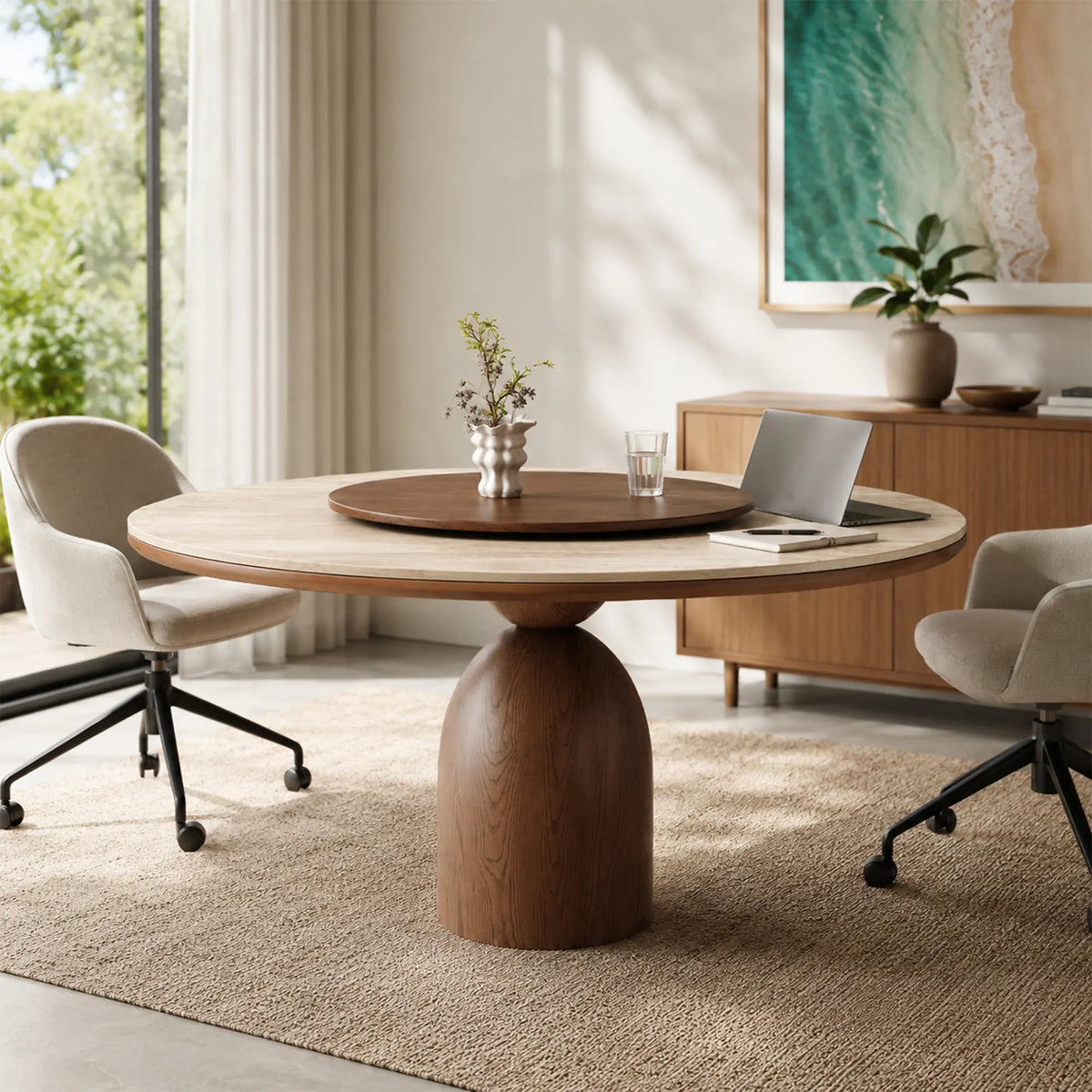 LUXORA Modern Round Marble Dining Table Natural Stone Top Solid Wood Base 120/130cm for Kitchen Dining Room Gathering