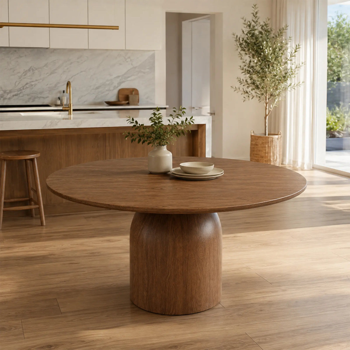 LUXORA Round Solid Wood Dining Table FAS Grade Ash Wood Thickened Top 100/110cm for Dining Room Apartment Lounge - Walnut