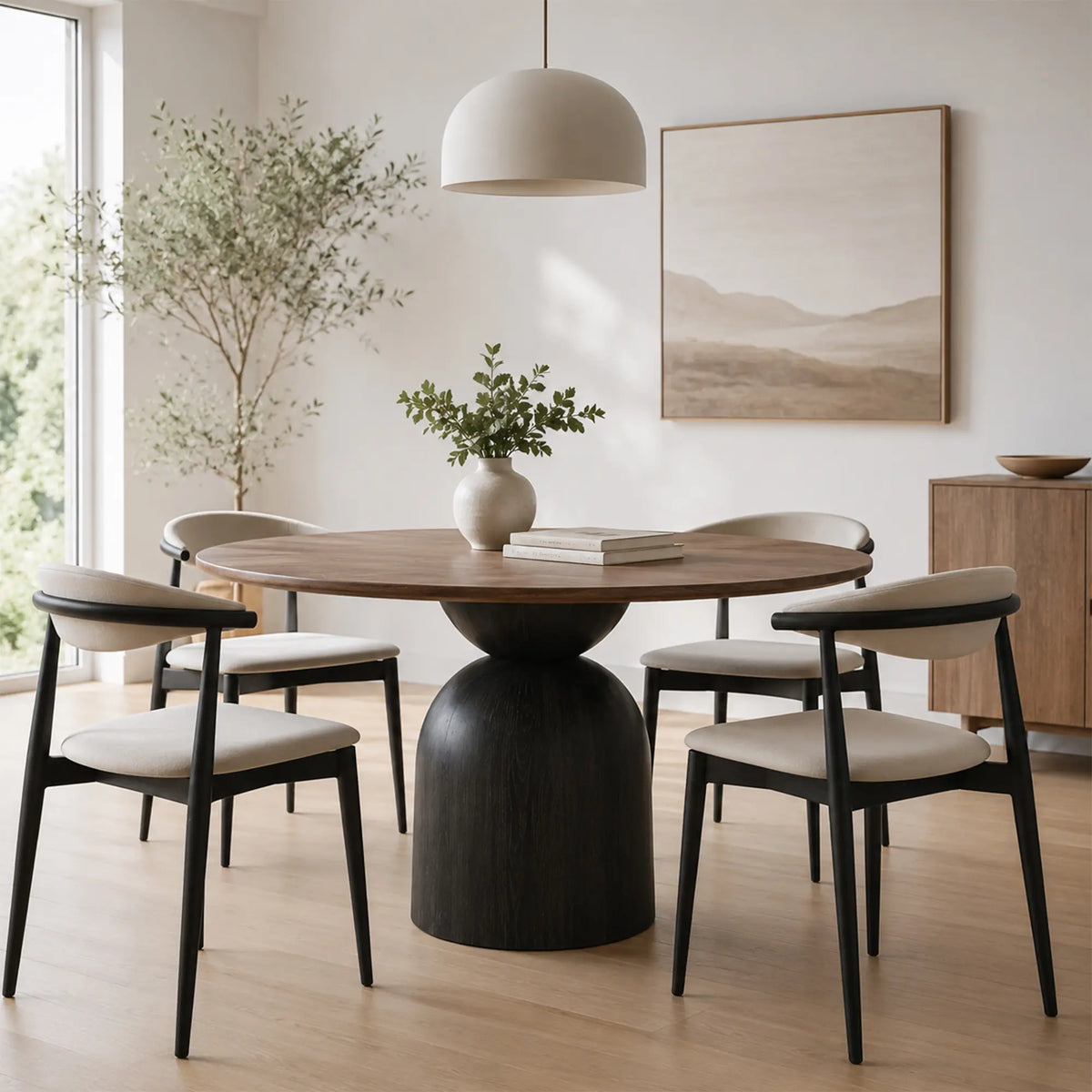 LUXORA Round Solid Wood Dining Table FAS Grade Ash Wood Thickened Top 100/110cm for Dining Room Apartment Lounge - Walnut & Black