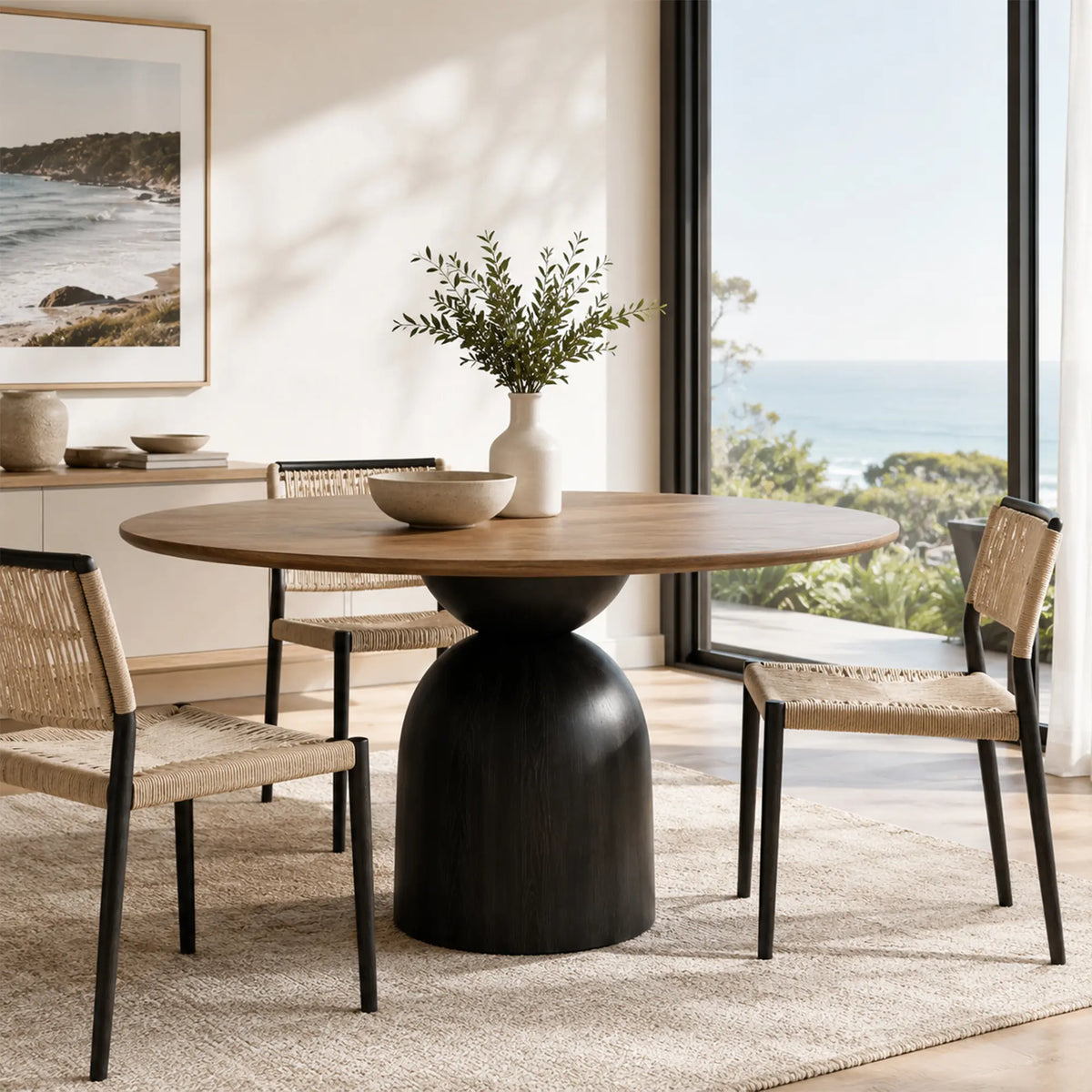 LUXORA Round Solid Wood Dining Table FAS Grade Ash Wood Thickened Top 100/110cm for Dining Room Apartment Lounge - Walnut & Black