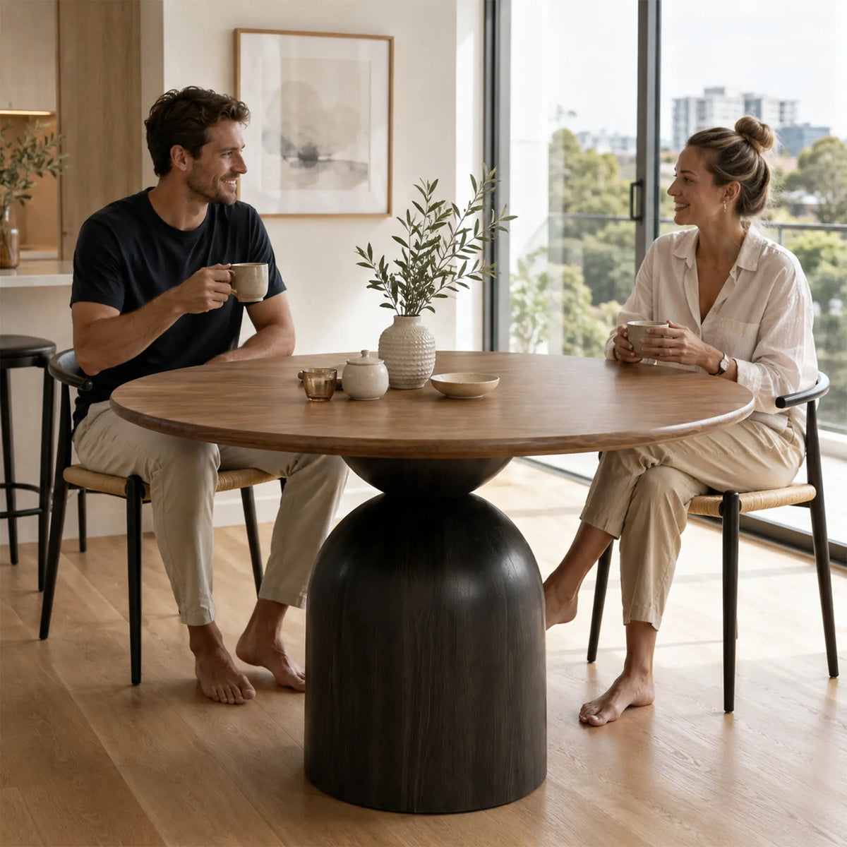 LUXORA Round Solid Wood Dining Table FAS Grade Ash Wood Thickened Top 100/110cm for Dining Room Apartment Lounge - Walnut & Black