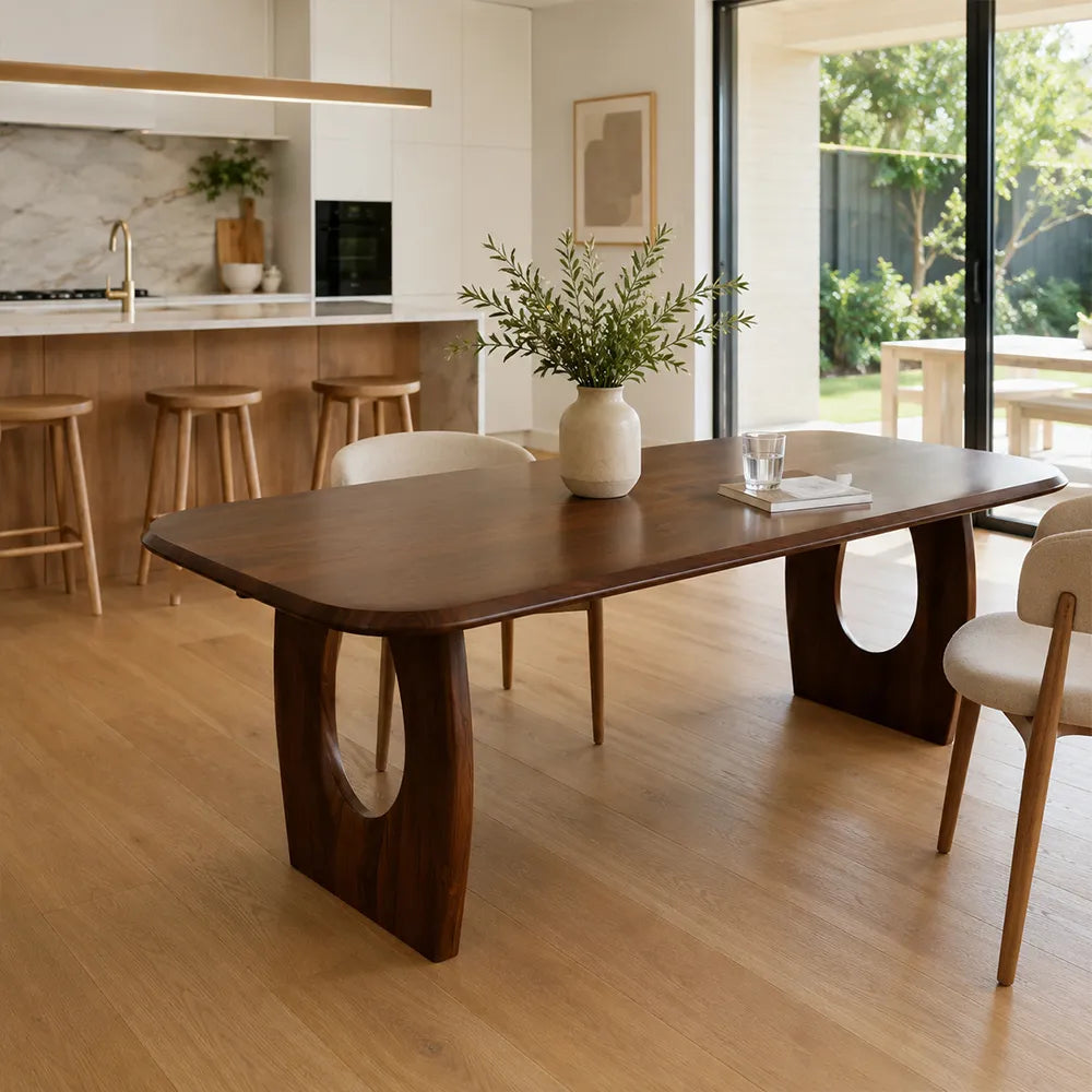 LUXORA 140/160cm South American Walnut Wood Dining Table with Rounded Edges, Sculptural Legs & Modern Minimalist Design - Dark Walnut