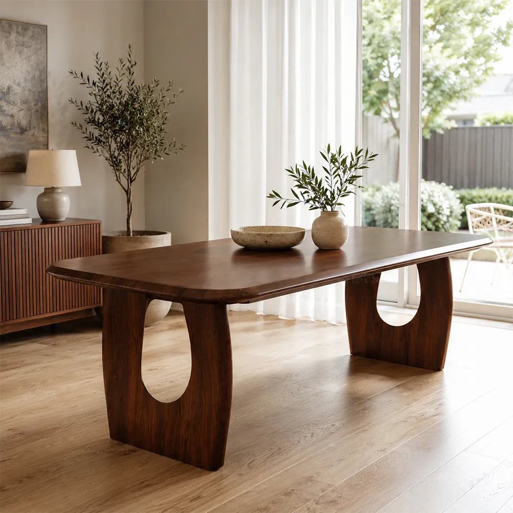 LUXORA 140/160cm South American Walnut Wood Dining Table with Rounded Edges, Sculptural Legs & Modern Minimalist Design - Dark Walnut
