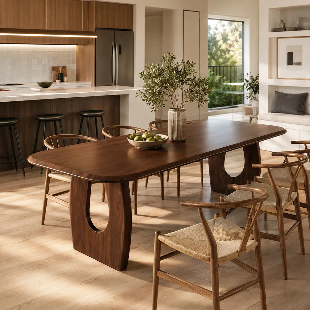 LUXORA 140/160cm South American Walnut Wood Dining Table with Rounded Edges, Sculptural Legs & Modern Minimalist Design - Dark Walnut