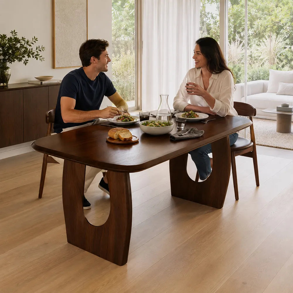 LUXORA 140/160cm South American Walnut Wood Dining Table with Rounded Edges, Sculptural Legs & Modern Minimalist Design - Dark Walnut