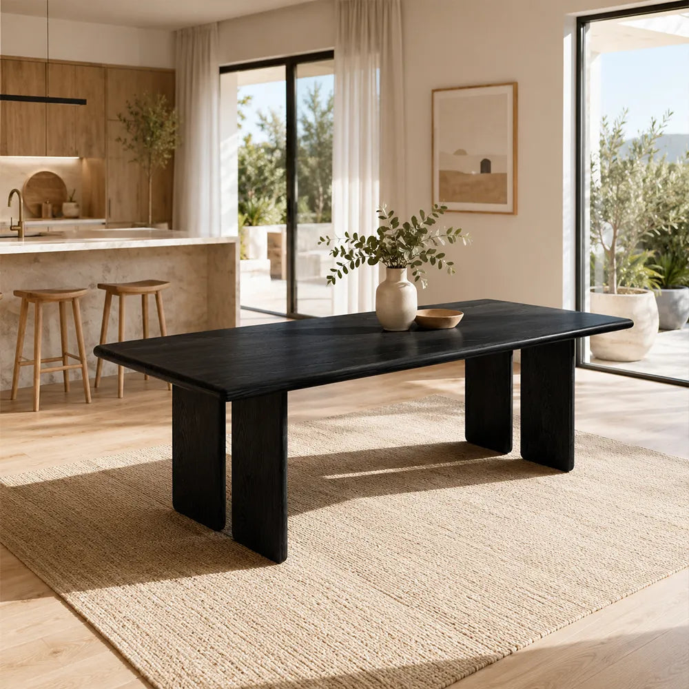 LUXORA 140/160cm Solid North American White Ash Wood Dining Table with 5cm Thick Tabletop, Rounded Edges & Modern Panel Legs - Black