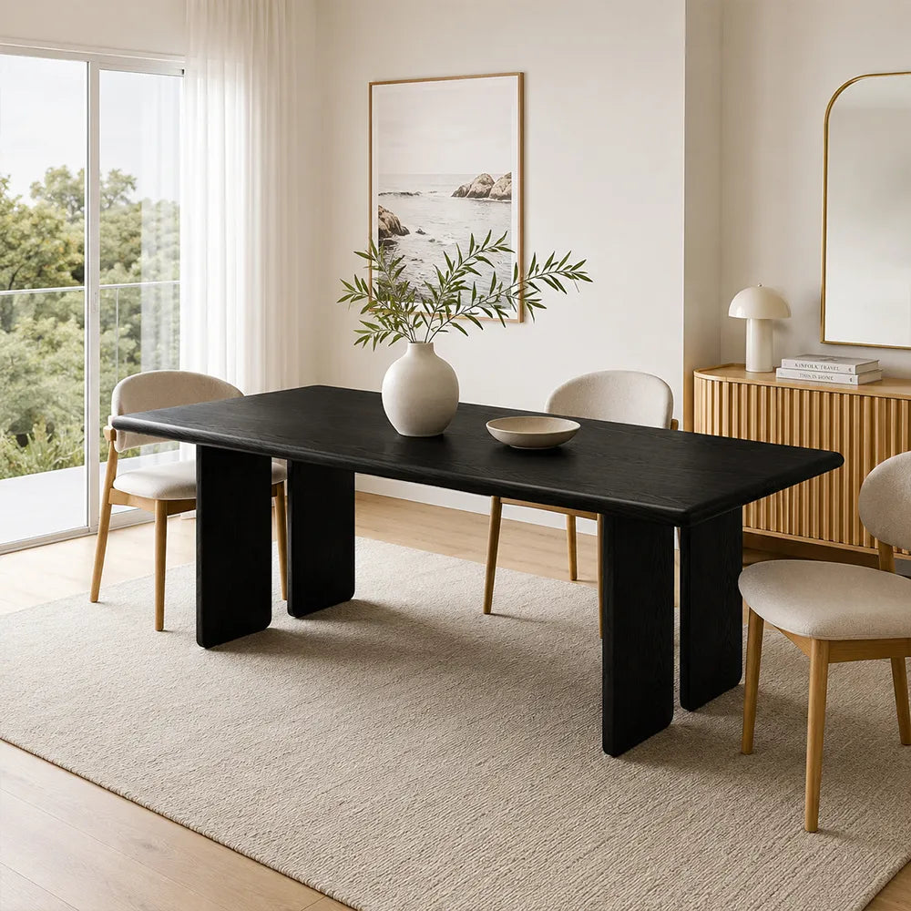 LUXORA 140/160cm Solid North American White Ash Wood Dining Table with 5cm Thick Tabletop, Rounded Edges & Modern Panel Legs - Black