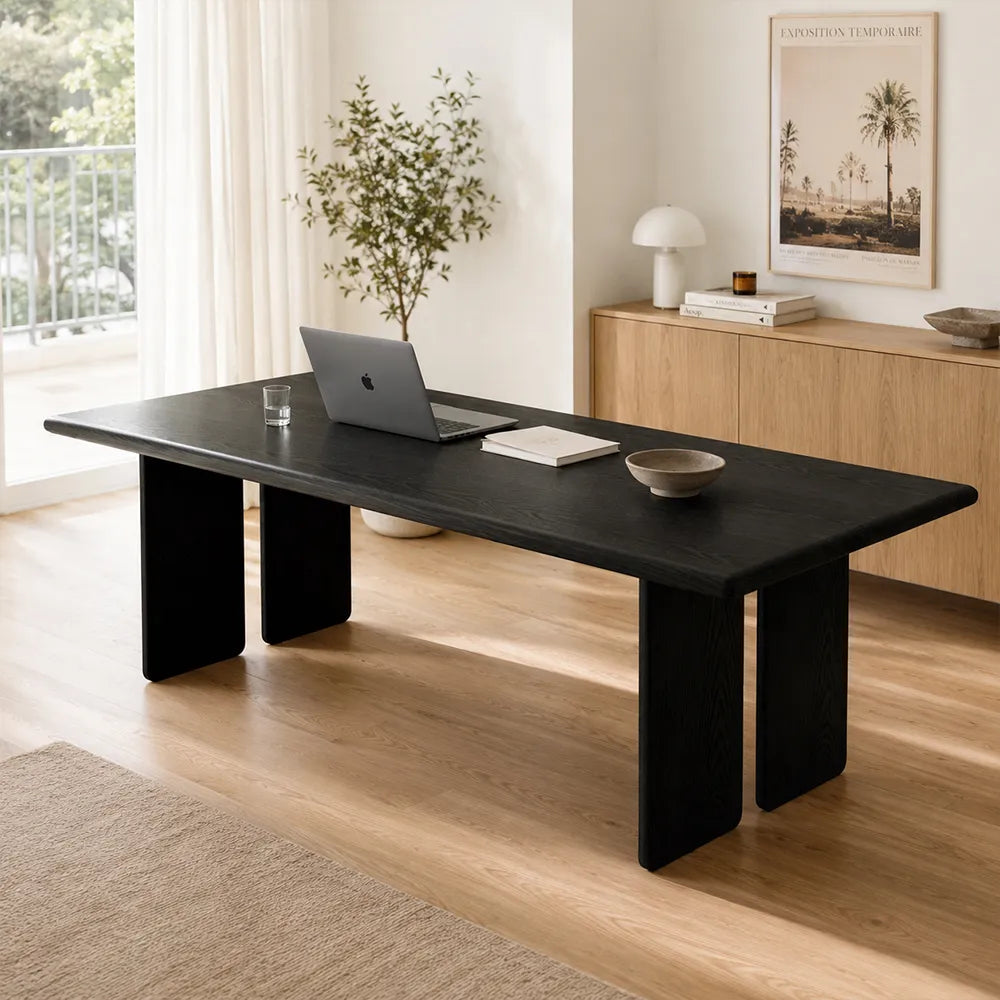 LUXORA 140/160cm Solid North American White Ash Wood Dining Table with 5cm Thick Tabletop, Rounded Edges & Modern Panel Legs - Black