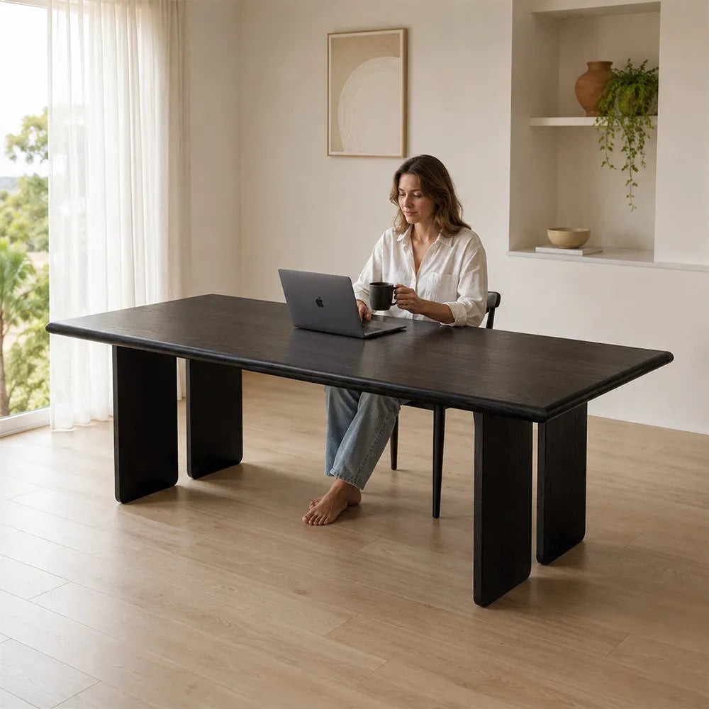 LUXORA 140/160cm Solid North American White Ash Wood Dining Table with 5cm Thick Tabletop, Rounded Edges & Modern Panel Legs - Black