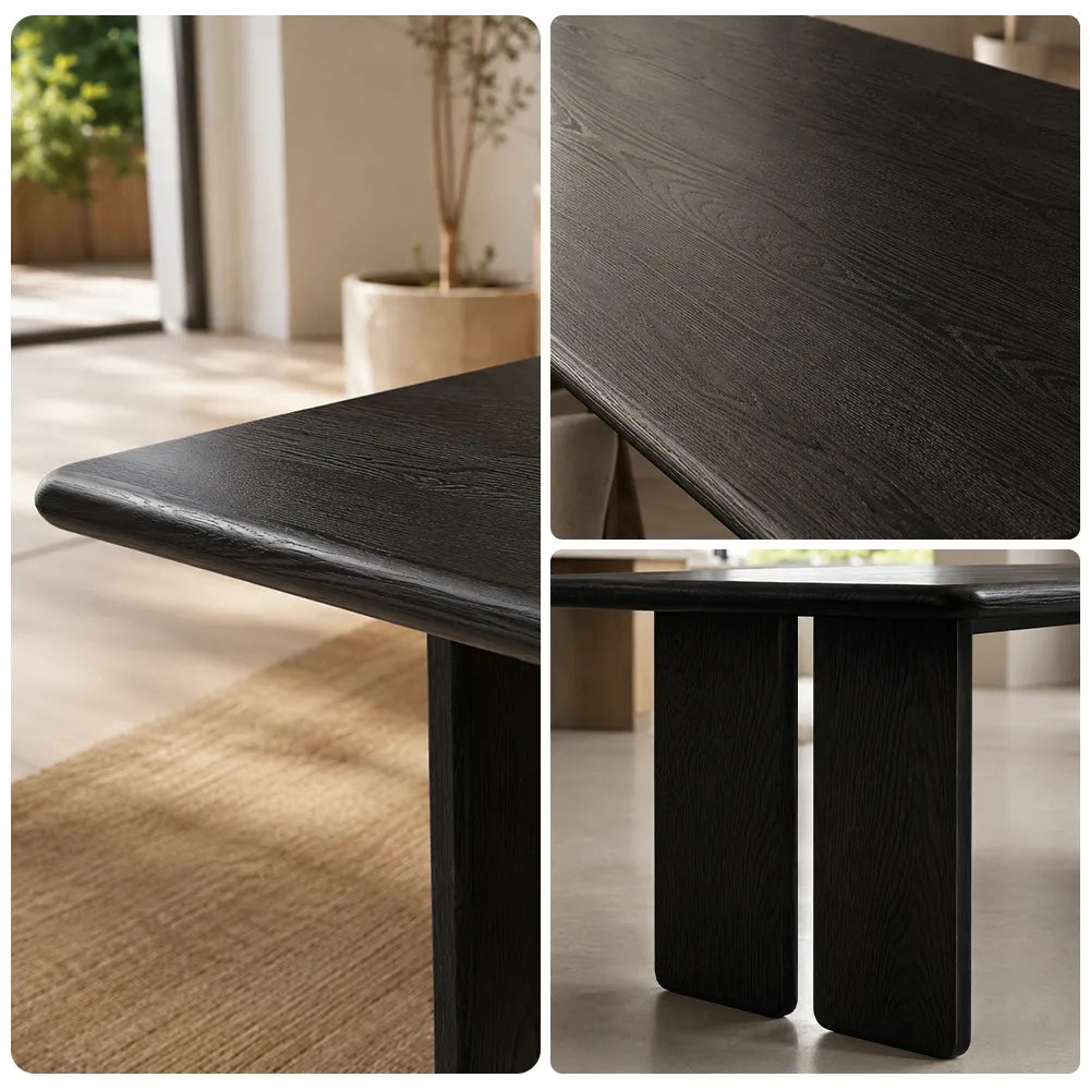 LUXORA 140/160cm Solid North American White Ash Wood Dining Table with 5cm Thick Tabletop, Rounded Edges & Modern Panel Legs - Black