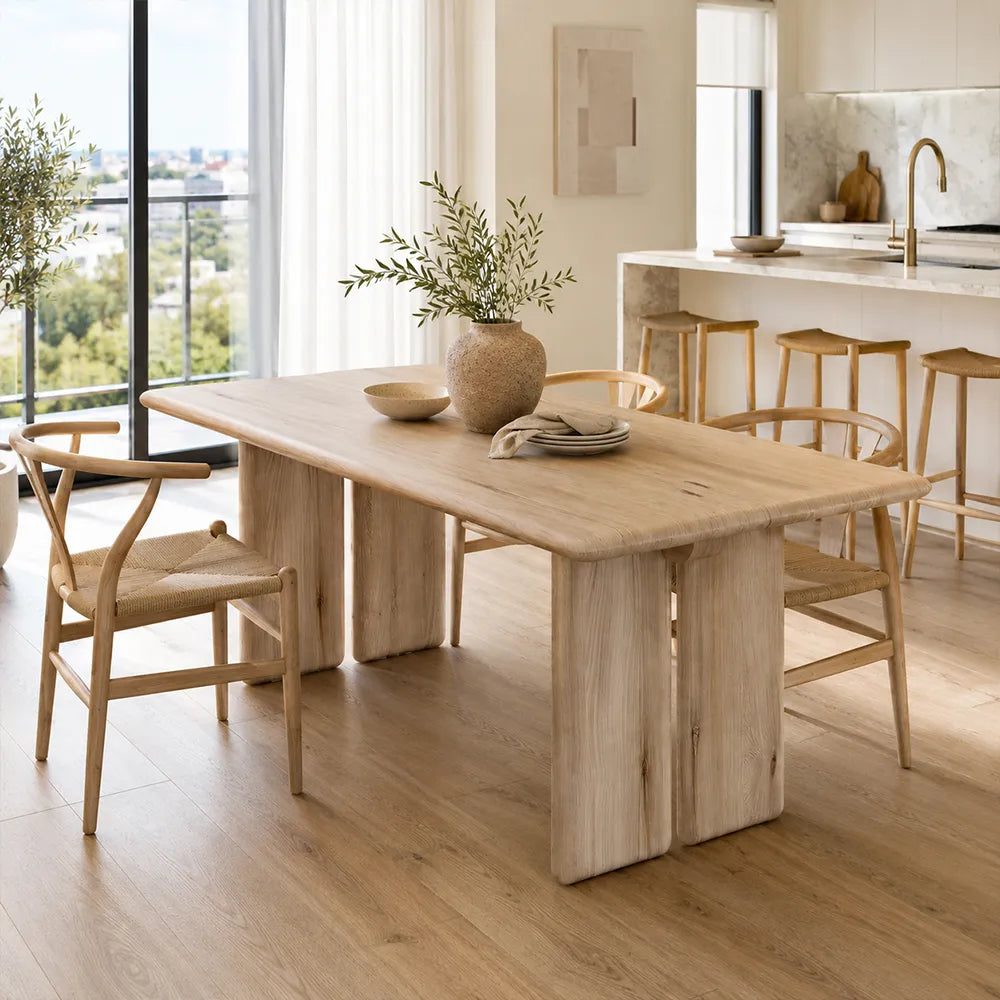 LUXORA 140/160cm Solid Pine Wood Dining Table, Modern Minimalist Rectangular Table with Spacious Top and Solid Wood Panel Legs - Natural Wood