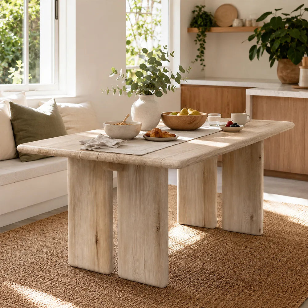LUXORA 140/160cm Solid Pine Wood Dining Table, Modern Minimalist Rectangular Table with Spacious Top and Solid Wood Panel Legs - Natural Wood
