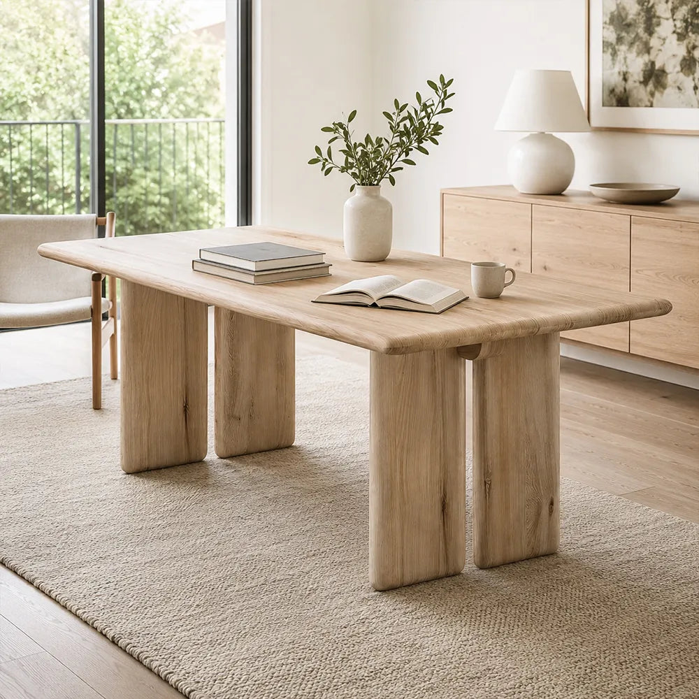 LUXORA 140/160cm Solid Pine Wood Dining Table, Modern Minimalist Rectangular Table with Spacious Top and Solid Wood Panel Legs - Natural Wood