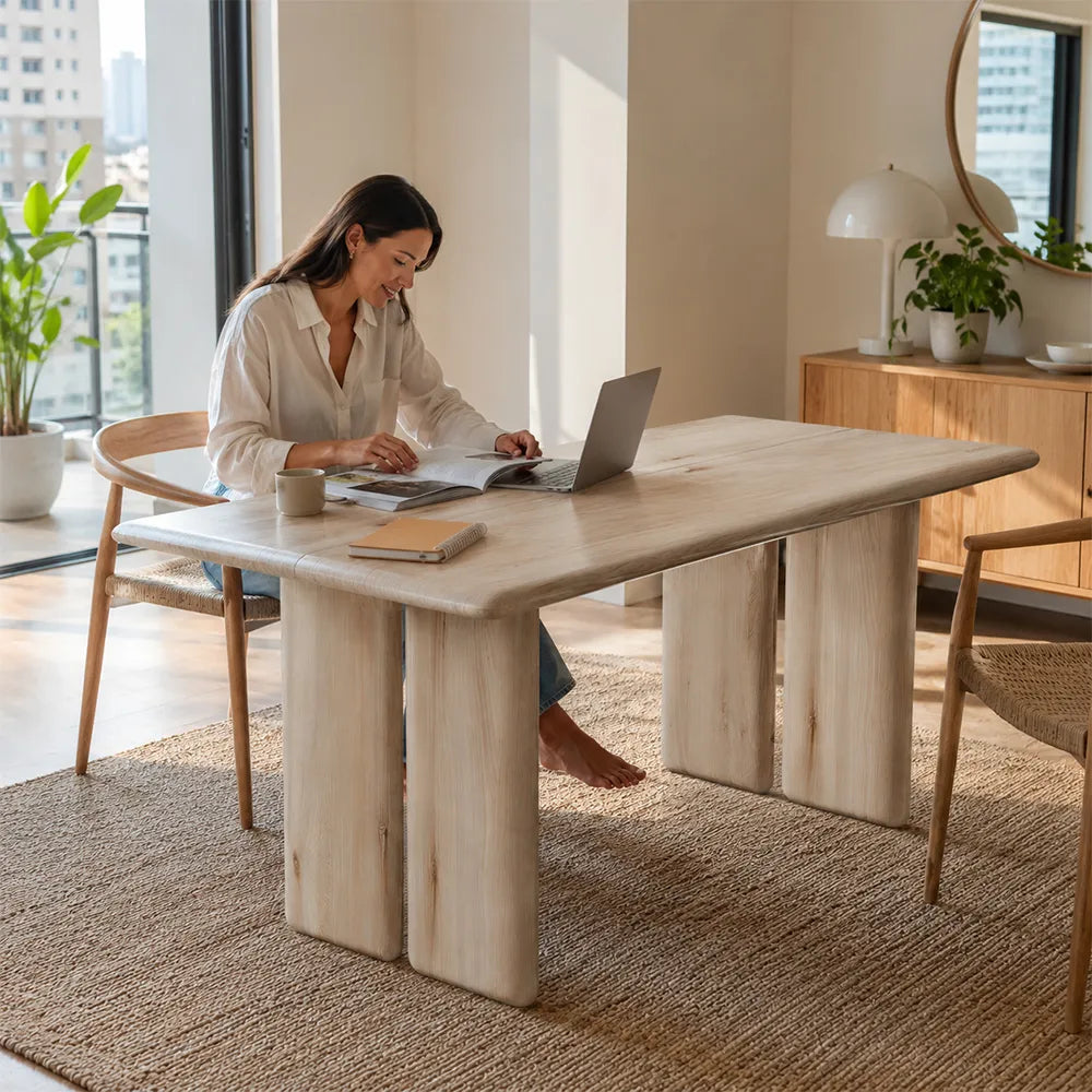 LUXORA 140/160cm Solid Pine Wood Dining Table, Modern Minimalist Rectangular Table with Spacious Top and Solid Wood Panel Legs - Natural Wood