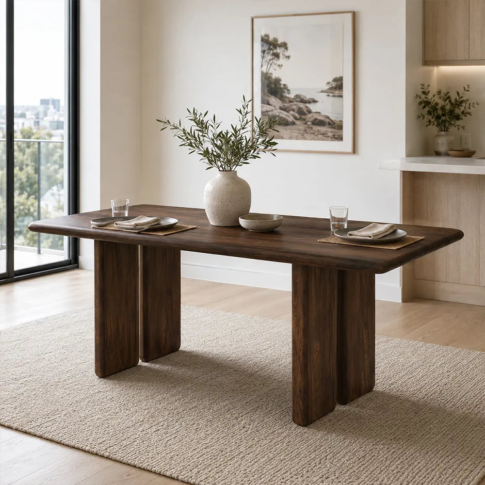 LUXORA 140/160cm Solid Pine Wood Dining Table, Modern Minimalist Rectangular Table with Spacious Top and Solid Wood Panel Legs - Walnut