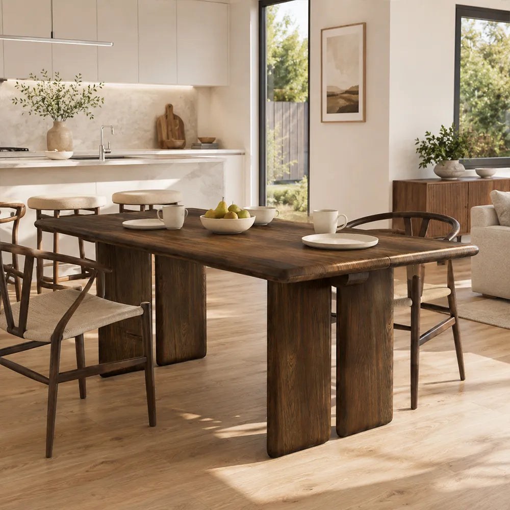 LUXORA 140/160cm Solid Pine Wood Dining Table, Modern Minimalist Rectangular Table with Spacious Top and Solid Wood Panel Legs - Walnut