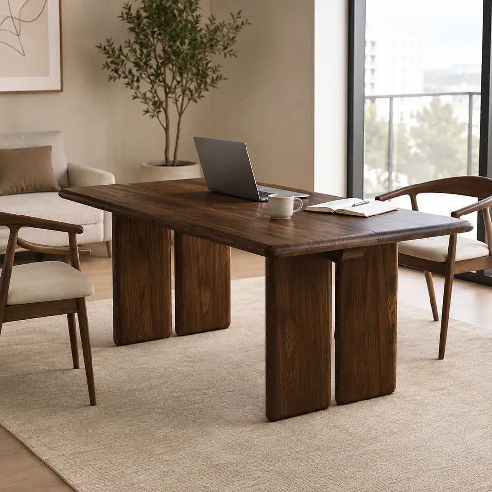 LUXORA 140/160cm Solid Pine Wood Dining Table, Modern Minimalist Rectangular Table with Spacious Top and Solid Wood Panel Legs - Walnut
