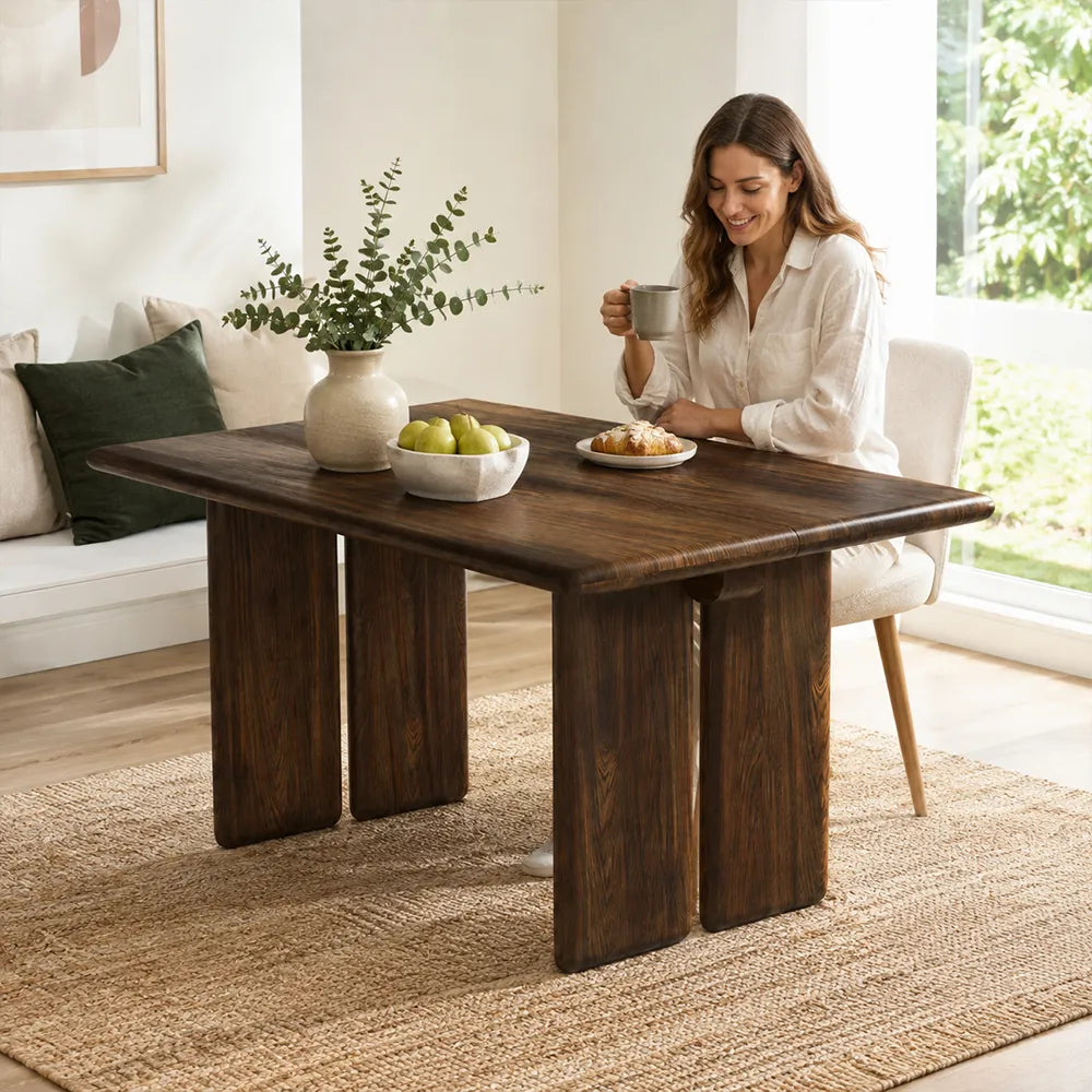 LUXORA 140/160cm Solid Pine Wood Dining Table, Modern Minimalist Rectangular Table with Spacious Top and Solid Wood Panel Legs - Walnut