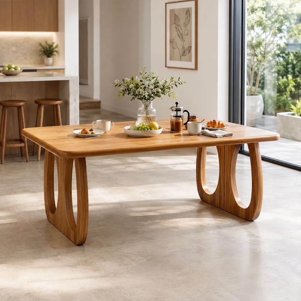 LUXORA 140/160cm North American FAS Grade Solid Cherry Wood Dining Table, 3cm Thick Rounded Top with Sculptural U Shaped Legs - Natural Cherry Wood