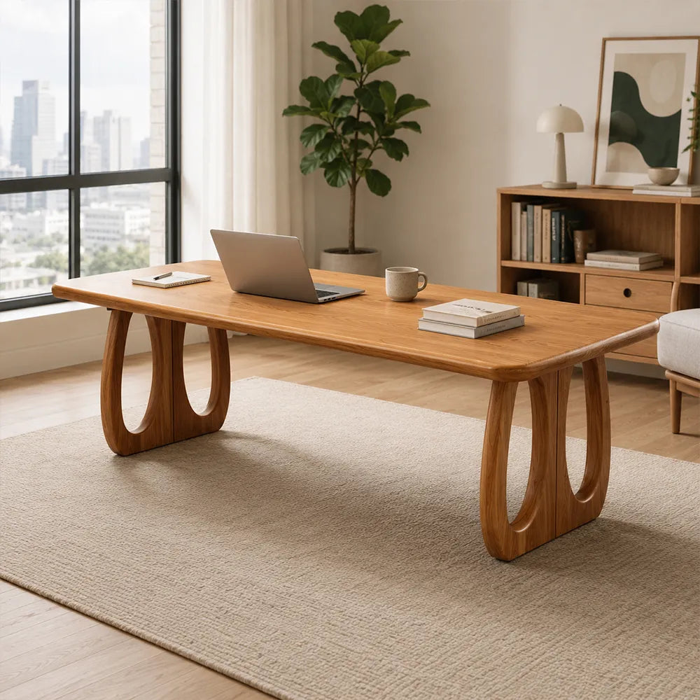 LUXORA 140/160cm North American FAS Grade Solid Cherry Wood Dining Table, 3cm Thick Rounded Top with Sculptural U Shaped Legs - Natural Cherry Wood