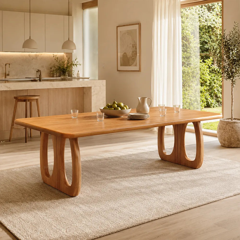 LUXORA 140/160cm North American FAS Grade Solid Cherry Wood Dining Table, 3cm Thick Rounded Top with Sculptural U Shaped Legs - Natural Cherry Wood
