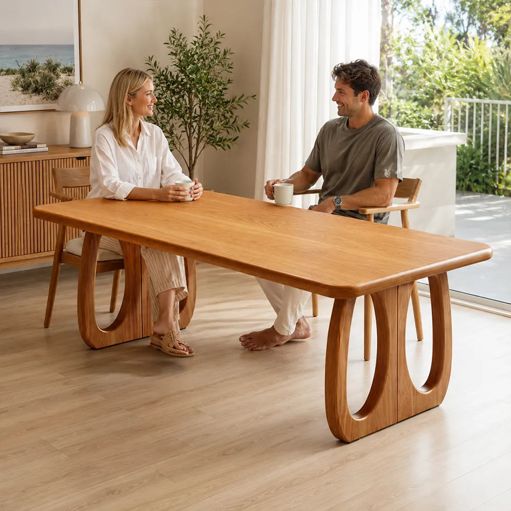LUXORA 140/160cm North American FAS Grade Solid Cherry Wood Dining Table, 3cm Thick Rounded Top with Sculptural U Shaped Legs - Natural Cherry Wood
