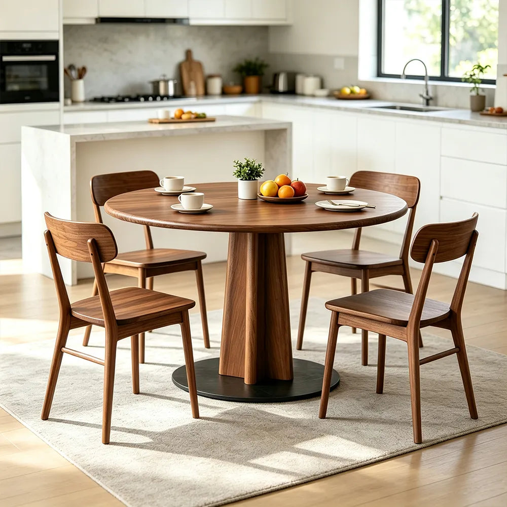 LUXORA 100/110cm Solid Rubberwood Round Dining Table, Modern Kitchen Table with Tapered Wood Pedestal and Sturdy Metal Base - Walnut