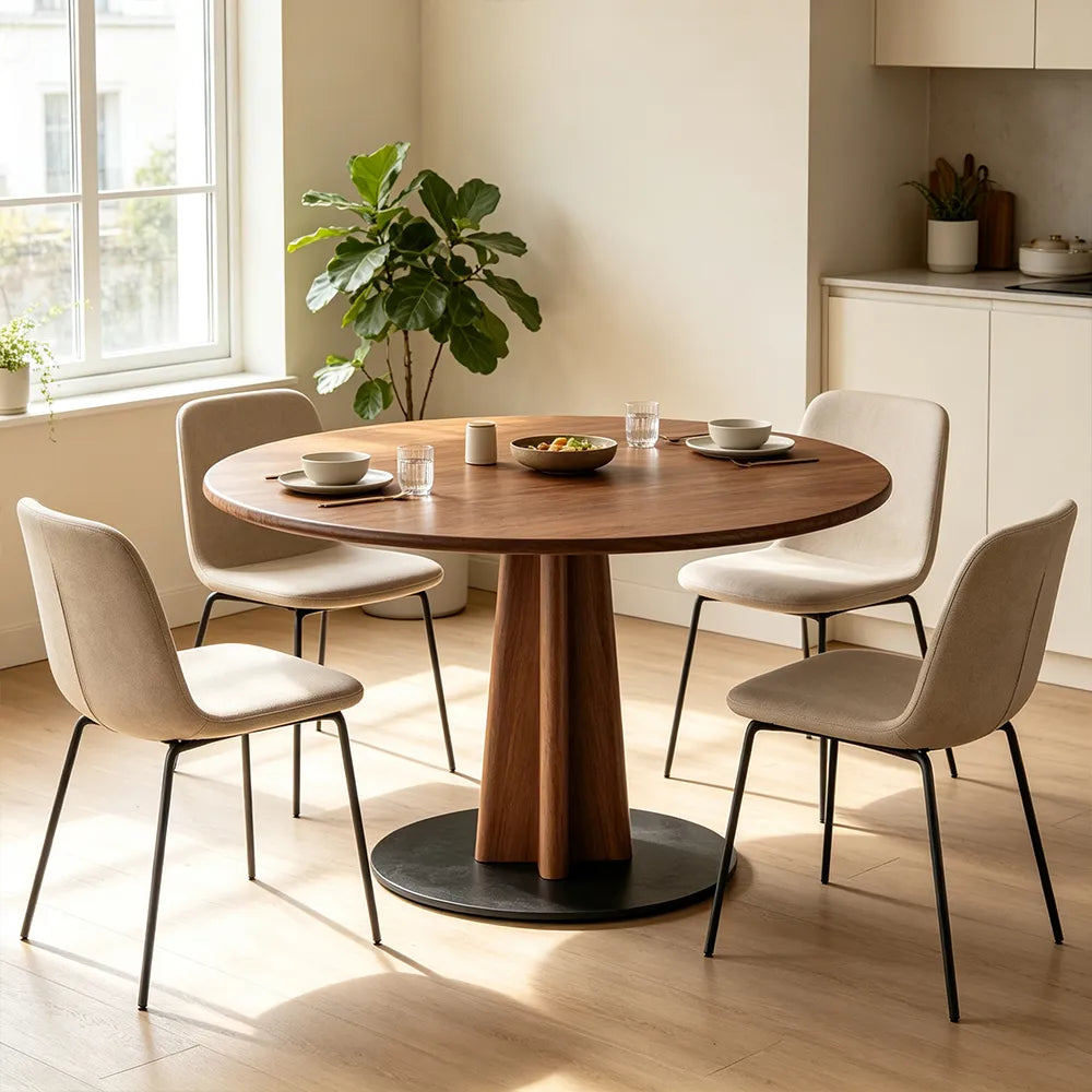 LUXORA 100/110cm Solid Rubberwood Round Dining Table, Modern Kitchen Table with Tapered Wood Pedestal and Sturdy Metal Base - Walnut