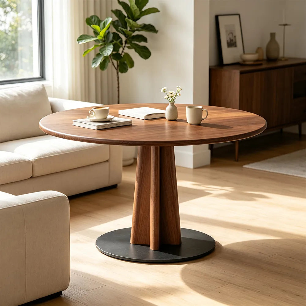 LUXORA 100/110cm Solid Rubberwood Round Dining Table, Modern Kitchen Table with Tapered Wood Pedestal and Sturdy Metal Base - Walnut