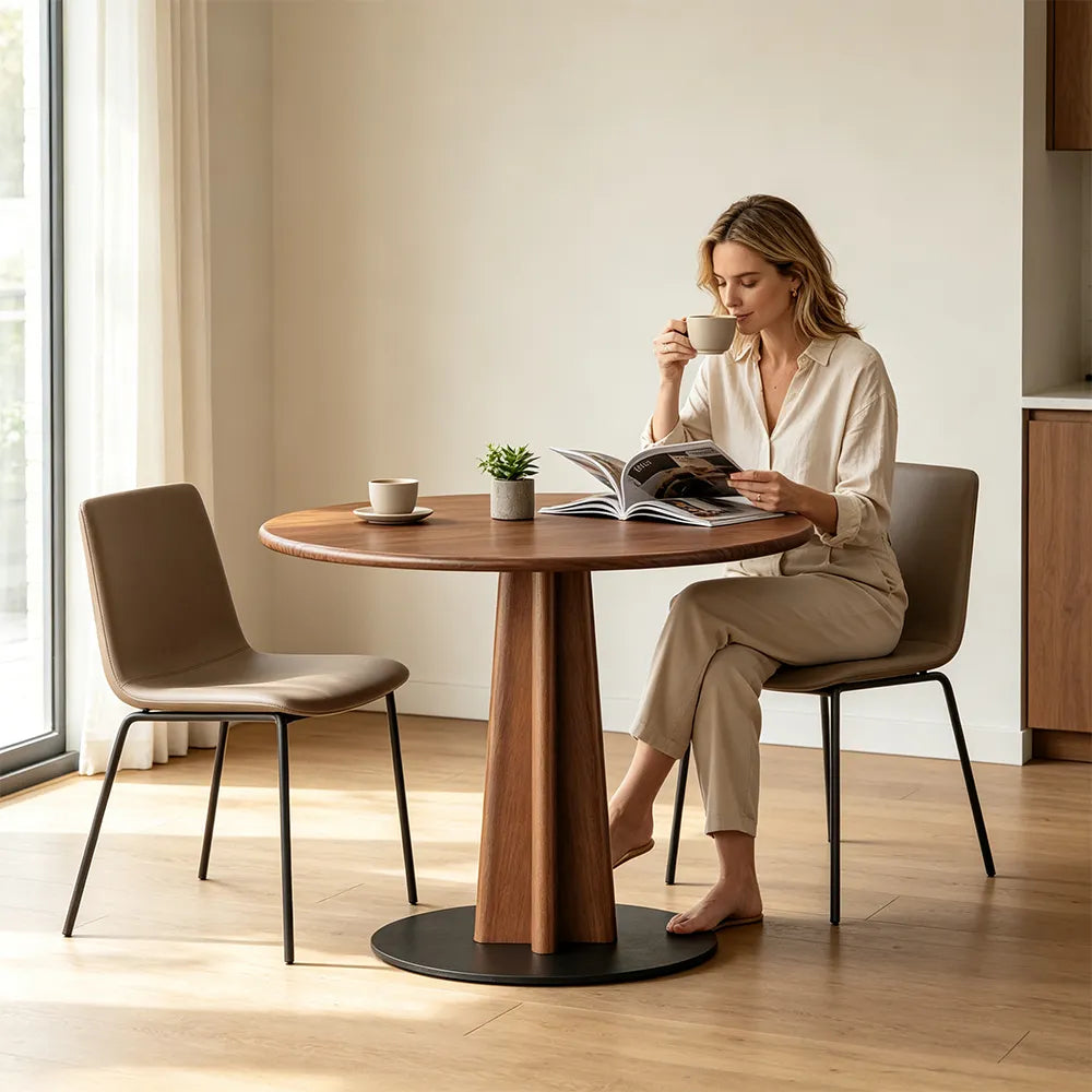 LUXORA 100/110cm Solid Rubberwood Round Dining Table, Modern Kitchen Table with Tapered Wood Pedestal and Sturdy Metal Base - Walnut